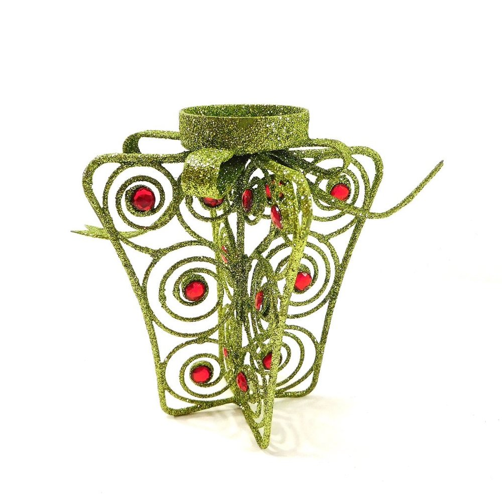 Green Tea Light or Ornament Holder Glitter Metal Christmas